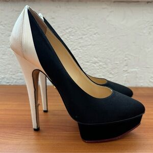 Charlotte Olympia Masako Two Tone Satin Platform Pumps Black/Cream Size 38.5